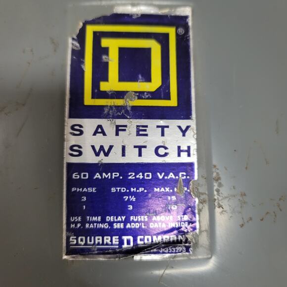 Square D D222N Safety Switch 60 AMP 240 V.A.C Phase 3 Fuse box UNUSED - Picture 8 of 13